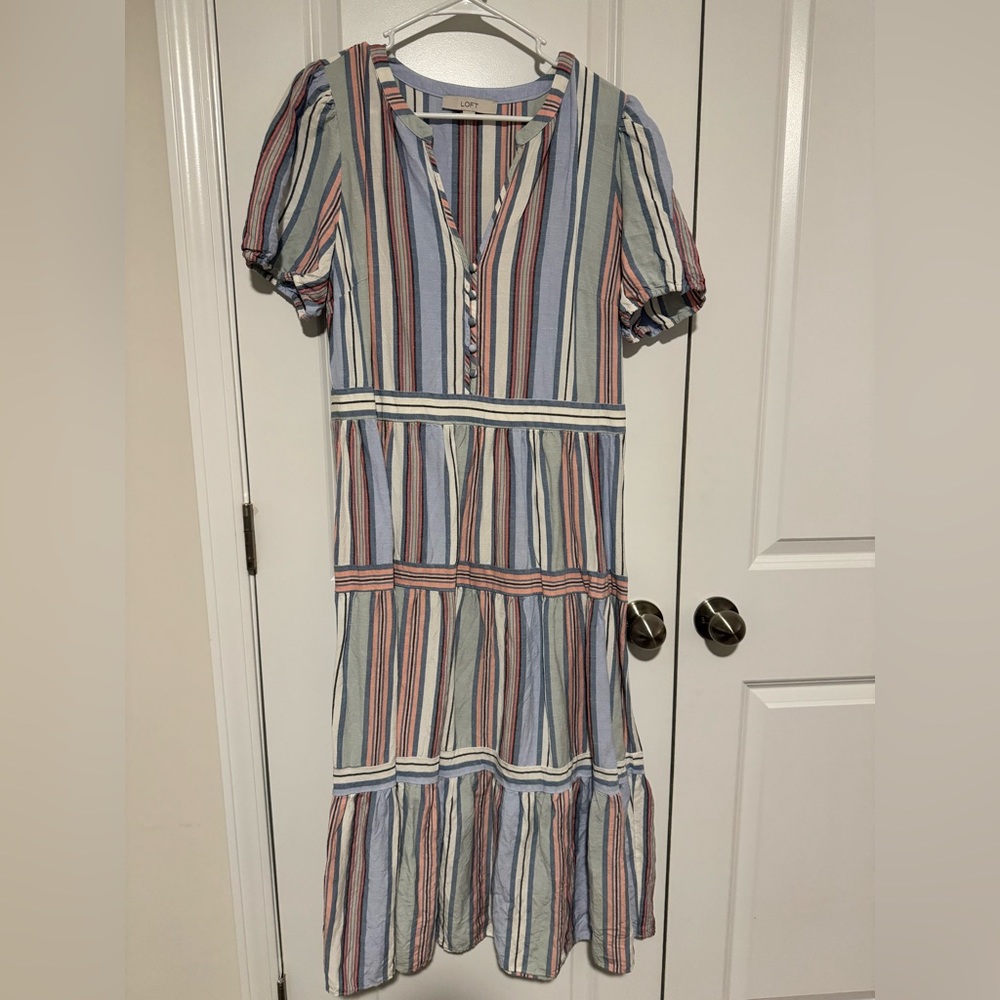 Loft fitted cotton striped long dress - size 14